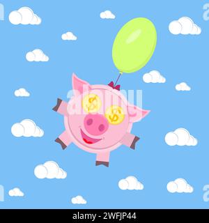 Eine Schweinebank fliegt auf einem Ballon. Vektorabbildung. Stock Vektor