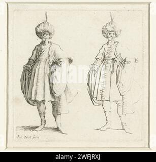 Zweimal derselbe Mann mit Turban, von vorne gesehen, Jacques Callot, 1621 - 1670 drucken Einen Mann mit einer langen Jacke und einem Plumy Turban auf dem Kopf, von vorne gesehen, zweimal dargestellt: Rechts als Linienfigur, links mehr mit Schattenpartys. Dieser Druck ist Teil einer Serie von 16 Drucken (15 nach Lieure; 17 bzw. 16 inkl. Titeldruck) mit Männern und Frauen in verschiedenen Haltungen. Diese Ausdrucke könnten als Zeichenbeispiele gedacht sein. Nancy Papier-Ätzmantel (+ Herrenkleidung). Kopfschutz: Turban Stockfoto