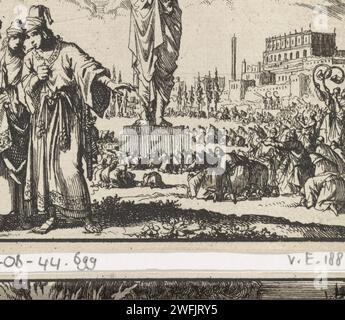 Die Götzenbilder von Nebukadnezar, Jan Luyken, 1698 drucken Amsterdamer Papier, in dem die Widmung der goldenen Statue geätzt wird: In Gegenwart von König Nebukadnezar werden Trompeten geblasen und alle Menschen, die das Bild umgeben, fallen auf die Knie Stockfoto