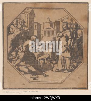 Psyche als Göttin, die vom Volk verehrt wurde, Antonio da Trento, Niccolò Vicentino, nach Francesco Salviati, 1520–1602 Druck auf einem Stadsplein das Volk bringt Opfer für die Königstochter Psyche. Die italienische Zeitung Psyche, die als Göttin verehrt wird, befällt Venus' Wut. Platz, Ort, Zirkus usw. Stockfoto