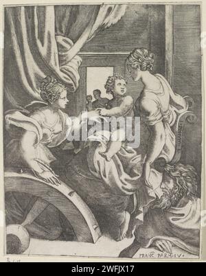 Mystische Heirat der Heiligen Katharina, Giulio Bonasone, nach Parmigianino, 1501–1580 Druck Maria sitzt auf ihrem Schoß mit dem Christuskind. Christus drückt einen Ring auf den Finger der Heiligen Katharina, die vor ihm kniet. Im Vordergrund links ein Stück des Rades der Heiligen Katharina. Im Vordergrund rechts ein Mann. Italienisches Papier, das die mystische Ehe des Heiligen graviert Katharina von Alexandrien mit dem Kleinkind Christus: Das Christkind legt einen Ring an ihren Finger Stockfoto