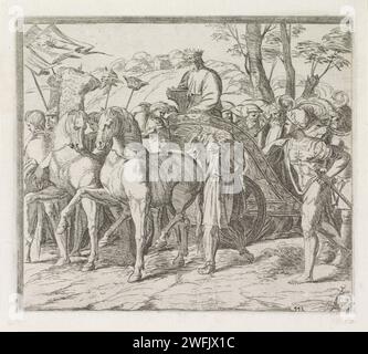David kehrt im Triumph nach Jerusalem zurück, Orazio Borianni, nach dem Druck von Rafaël, 1615 kehrt König David und seine Soldaten nach Jerusalem in Triumph zurück. David steht auf einem Triumphwagen, der von zwei Pferden gezogen wird. Print Maker: ItalyaFter Painting by: Vatikan City Paper Raditing Davids Triumph: Die Frauen Israels kommen heraus, um David zu empfangen, singen, tanzen und Tamburinen und Leier spielen; David hält den Kopf von Goliath Stockfoto