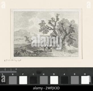 Landschaft mit Figuren und Lasttieren, Francesco Bartolozzi (zugeschrieben), 1739 - 1780 Druck Landschaft mit einer Figur unter einem Baum und einer Figur auf einem Esel. Venedig Papier graviert Landschaften. Packung – Tier Stockfoto