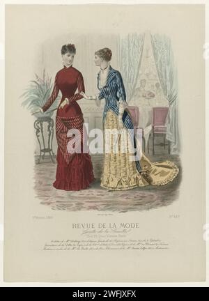 Fashion Review, Family gazette, Sonntag, 21. März 1880, 9. Jahr, Nr. 429: Toiletten von Mme Duboys (...), anonym, 1880 zwei Frauen in einem Restaurant, gekleidet in Duboys-Kleider. Links: Kleid aus rotem Pékin und Satin. Rechts: Kleid für Abendessen und Empfang: Körper aus blauem Pékin, geschlossen mit großen Knoten von Strasssteinen, quadratische Halskette, entlang der große 'Revers Incroyables'. Unter dem Bild einige Zeilen mit Werbetext für verschiedene Produkte. Druck aus dem Modemagazin Revue de La Mode (1872-1913). Ausführliche Beschreibung der Kleidung auf den Seiten 99 und 100 „Planche coloriée“. Paris S Stockfoto