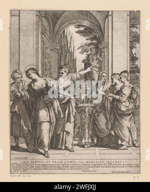Die heilige Viviane weigert sich, die heidnischen Götter Giovanni Battista Mercati zu opfern, nachdem Pietro da Cortona 1626 Eine Gruppe von Frauen eine heidnische Statue für eine Galerie druckte. Die Heilige Viviana wendet den Frauen und dem Bild den Rücken. Zuweisung am Endrand. Druckerei: RomeAfter Malerei von: RomeItalienItalien Papier ätzend weibliche Heilige (mit NAMEN). Opferbereitschaft Stockfoto