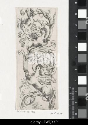 Ornament Met Sfinxen, Stefano Della Bella, 1620–1664 drucken Ein Blattschmuck mit drei Sphinxen und einem Kopf eines saat. Papierätzsphinx (Löwe/Frau); 'Sfinge' (Ripa) - AA - weibliche menschliche Figur. Laub  Ornament Stockfoto