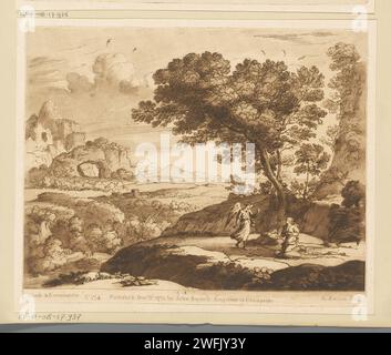 Landschaft mit Hagar, Ismaël und de Engel, Richard Earlom, nach Claude Lorrain, 1776 Druck London Papier ätzende Berge - HH - ideale Landschaften. Ein Engel taucht auf und offenbart Hagar eine Wasserquelle Stockfoto