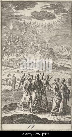 Lot und seine Töchter verlassen das brennende Sodom, Anonym, nach Jan Luyken, 1681–1762 Druckpapier, das die Zerstörung von Sodom und Gomorra graviert: Lot und seine Familie flüchten nach Zoar und tragen ihre Sachen; ein Engel könnte den Weg zeigen (1. Mose 19,24-29) Stockfoto