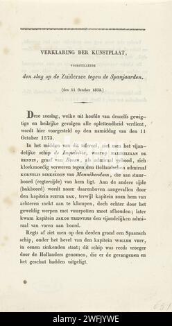 Erklärung zur Ausführung der Schlacht am Zuiderzee, Anonym, 1800–1837 Textblatt über Recto und Verso der Zeitschrift ein Text in Buchdruck über den Druck mit dem Thema die Schlacht am Zuiderzee von Prentmaker Walraad Nieuwhoff. Papier, Buchdruck Stockfoto