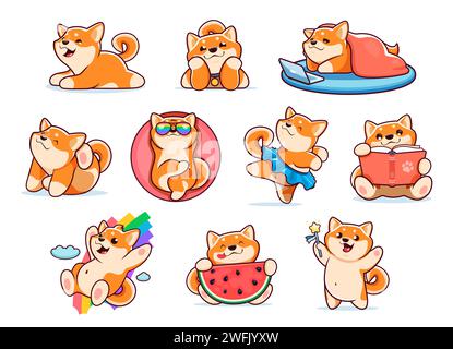 Comic japanische Happy shiba Inu Hundelfiguren, süße Kawaii Hundelfiguren. Vektor Japan Hund oder Welpen Tiere posieren mit lustigen Gesichtern, shiba inu Doggies schlafen, kratzen Ohr, tanzen und lesen Stock Vektor