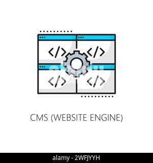 Website-Engine. Cms Symbol für Content Management System. Isoliertes, dünnes, vektorfarbenes Schild mit Zahnrädern und pc-Bildschirmen mit Programmiercode, das die Organisation und Kontrolle digitaler Inhalte symbolisiert Stock Vektor