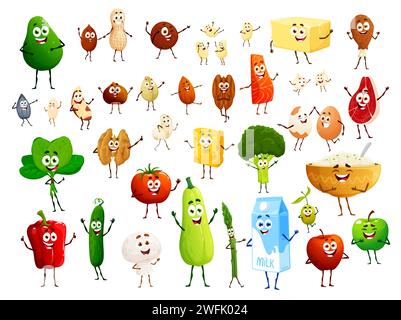 Cartoon süße Keto-Diät-Essensfiguren. Lustige Persönlichkeiten von Vektorfleisch, Obst und Gemüse, Eier, Nüsse, Fisch, Milch und Reis, Käse, Bohnen, Butter und Samen. Ketogene Diätmahlzeit mit glücklichen Gesichtern Stock Vektor