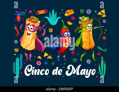 Tex Mex mexikanische Küche Superhelden Charaktere für Cinco de Mayo Feiertagsbanner, Comic Vektor. Lustiger Burrito-Superheld, Chili-Pfeffer-Wächter und Enchilada-Bogenschützer für das Mexiko-fiesta von Cinco de Mayo Stock Vektor