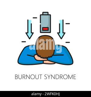 Burnout-Syndrom psychische Störung Problem, Symbol für psychische Gesundheit dargestellt als müde Person mit niedriger Batterieladung, symbolisiert Erschöpfung, Stress und Entzug von der Arbeit oder täglichen Aktivitäten Stock Vektor