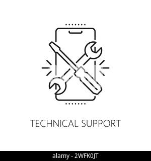 Symbol für technischen Support, Web-App-Entwicklung und -Optimierung. Computer- oder Mobiltelefonanwendungen entwickeln Liniensymbol, Softwareprodukt technischer Support umreißen Vektorpiktogramme mit kreuzenden Werkzeugen Stock Vektor