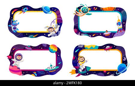 Rahmen mit Weltraumplaneten, Sternen, Raumschiffen und Astronauten in Sternengalaxie. Vektor-Raumfahrer-Kinder und Aliens-Charaktere mit Rakete und UFO im Weltraum-Cartoon-Set, Astronomie Stock Vektor