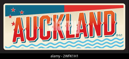 Auckland Metropole in Neuseeland. Vektor Reiseschild oder Aufkleber, Vintage Blechschild, Retro Urlaub Postkarte oder Reise Schild, Gepäckanhänger. Tamaki Makaurau-Plakette mit Flagge und Jahr Stock Vektor