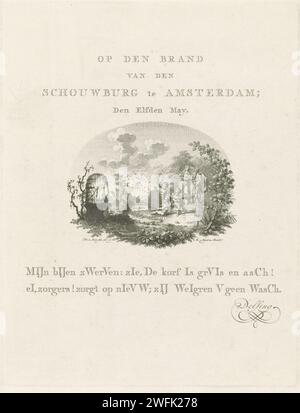 Allegory on the fire in the Amsterdam Schouwburg, 1772, Noah van der Meer (II), 1772 Blatt mit ovaler allegorischer Darstellung und zwei-Wege-Zeit auf dem Feuer in der Amsterdamse Schouwburg, 11. Mai 1772. Putti flechtet einen neuen Bienenkorf, um den alten verbrannten Bijenkorf zu ersetzen. Melpomene, Muse des Trauerspiels, und Thalia, Muse der Komödie, beobachten. Amsterdamer Papierätzung Bienenstock. Melpomene (eines der Musen); „Melpomene“ (Ripa). Thalia (eines der Musen); „Talia“ (Ripa). Cupiden: „amores“, „amoretti“, „Putti“ Stockfoto