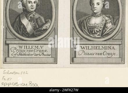 Porträts von Willem V., Prinz von Oranje-Nassau, und Wilhelmina van Pruisen, Anonym, 1767–1849 Printporträts von Willem V. und Wilhelmina. Jedes in einem Oval mit Namen und Titeln in einem Rahmen. Gravur/Ätzung aus Papier in niedrigen Ländern Stockfoto