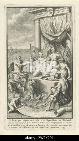 Allegory of the Power of the Republic of the Sieben United Netherlands as Sembership, Bernard Picart (Workshop of), 1728 Print Neptunus spendet sein Dreizack, das die Herrschaft auf den Weltmeeren symbolisiert, der Personifikation der Republik der Sieben Vereinigten Niederlande. Sie hält eine Lanze mit Freiheitshüten und ist von den Personifizierungen der East India Company (VOC) und der West India Company (WIC) umgeben. Auf der rechten Seite zeigt Mercury mit seinem Caduceus die Weltkarte, die von einem Putto ausgerollt wird. Am Rand eine vierzeilige Beschriftung auf Französisch. Amsterdamer Papierätzung / Gravur Faith, Stockfoto