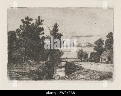 Landschaft mit Brücke über einen Graben, Jan Heppener, um 1841 - 1898 Druck das Haager Papier. Ätzfarm oder einsames Haus in der Landschaft. Landschaft mit Brücke, Viadukt oder Aquädukt Stockfoto