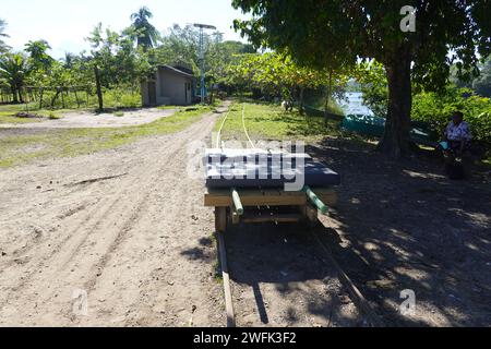 Das Cuero Y Salado Wildlife Refuge erreichte mit einem 15-minütigen Burra einen kleinen offenen Eisenbahnwagen in der Nähe von Ceiba, Honduras, Zentralamerika Stockfoto