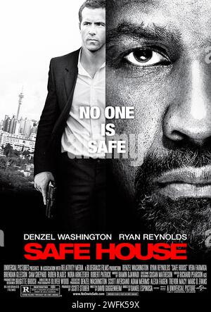 Safe House (2012) von Daniel Espinosa mit Denzel Washington, Ryan Reynolds und Robert Patrick. Ein junger CIA-Agent hat die Aufgabe, einen Flüchtling in einem sicheren Haus zu betreuen. Aber als das Unterschlupf angegriffen wird, ist er auf der Flucht. US-Poster mit einem Blatt ***NUR FÜR REDAKTIONELLE ZWECKE***. Quelle: BFA / Universal Pictures Stockfoto