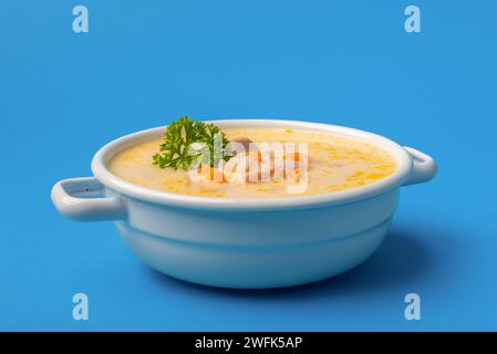 Schüssel aus weißer Emaille mit köstlicher Hühnersuppe, griechisches Rezept, mit Gemüse und Zitronensaft Stockfoto