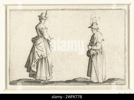 Lady und alte Frau, Jacques Callot, 1621 Abdruck links eine Dame mit Hut, links gesehen. Ihr gegenüber, rechts auf dem Abdruck, eine ältere Frau, mit einem Gehstock in der linken Hand und auch mit einem Hut auf. Dieser Druck ist Teil einer Serie von 48 Drucken (50 inkl. Titelseite und Dickblatt) mit verschiedenen Themen (darunter Männer und Frauen in verschiedenen Haltungen, Landschaften, Gebäude und Feste in Florenz). Diese Ausdrucke könnten als Zeichenbeispiele gedacht sein. Nancy Papier ätzende Kopfbedeckung: Hut (+ Damenkleidung). Jung versus alt; jung und alt Stockfoto