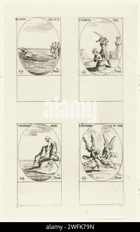 Heiliger Clemens I., Heilige Lukretie von Mérida, Heiliger Chrysogonus von Aquileia, Heilige Katharina von Alexandria (23.-25. November), Jacques Callot, 1632 - 1636 Druckbogen mit vier ovalen Darstellungen, jeweils mit Inschrift und Datum in lateinischer Sprache: oben links im Heiligen Clemens I, der mit einem Anker um den Hals ertränkt, oben rechts die heilige Lukretia von Mérida, die geköpft wird, unterhalb des Heiligen Chrysogonus von Aquileia, der nach der Enthauptung das Wasser ins Wasser wirft, die Heilige Katharina von Alexandria, die von Engelen weggetragen wird. Dieser Ausdruck ist Teil einer Serie von Ausdrucken mit Repräsentat Stockfoto