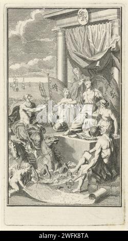 Allegorie der Macht der Republik der Sieben Vereinigten Niederlande als Sembership, Bernard Picart (Werkstatt), 1730 Druck Neptunus spendet sein Dreizack, das die Herrschaft auf den Weltmeeren symbolisiert, der Personifikation der Republik der Sieben Vereinigten Niederlande. Sie hält eine Lanze mit Freiheitshüten und ist von den Personifizierungen der East India Company (VOC) und der West India Company (WIC) umgeben. Auf der rechten Seite zeigt Mercury mit seinem Caduceus die Weltkarte, die von einem Putto ausgerollt wird. Mit leerem Rand. Amsterdamer Papiergravur Faith, „Fides“; „Fede“, „Fede Stockfoto