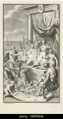 Allegorie der Macht der Republik der Sieben Vereinigten Niederlande als Sembership, Bernard Picart (Werkstatt), 1730 Druck Neptunus spendet sein Dreizack, das die Herrschaft auf den Weltmeeren symbolisiert, der Personifikation der Republik der Sieben Vereinigten Niederlande. Sie hält eine Lanze mit Freiheitshüten und ist von den Personifizierungen der East India Company (VOC) und der West India Company (WIC) umgeben. Auf der rechten Seite zeigt Mercury mit seinem Caduceus die Weltkarte, die von einem Putto ausgerollt wird. Mit leerem Rand. Amsterdamer Papiergravur Faith, „Fides“; „Fede“, „Fede Stockfoto