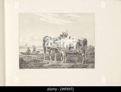 Zwei Kühe und zwei Figuren in einem Boot, Leendert de Koningh, 1826 drucken Eine Kuh leckt den Rücken der anderen Kuh. Dieser Ausdruck gehört zu einer Serie von sechs Ausdrucken, die mit einer Titelseite verbunden sind. Dordrecht Papierlandschaften in der gemäßigten Zone (+ Landschaft mit Figuren, Personal). Kuh Stockfoto