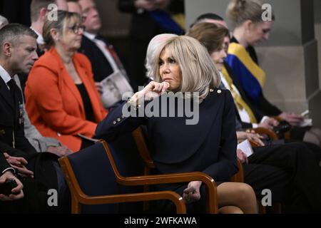 Lund, Schweden. Januar 31, 2024. LUND, SCHWEDEN 20240131Frankreichs First Lady Brigitte Macron im Publikum als französischer Präsident Emmanuel Macron nimmt am Mittwoch an einem Studentenabend an der Universität Lund Teil. Der französische Präsident Macron und seine Frau sind zu einem zweitägigen Staatsbesuch in Schweden. 31. Januar 2024. Foto: Johan Nilsson/TT/Code 50090 Credit: TT News Agency/Alamy Live News Stockfoto