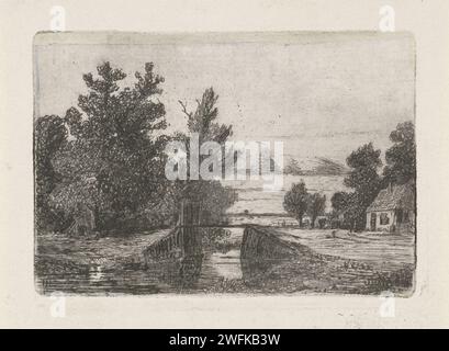 Landschaft mit Brücke über einen Graben, Jan Heppener, um 1841 - 1898 Druck das Haager Papier. Ätzer/Trockenpfleger oder Einzelhaus in der Landschaft. Landschaft mit Brücke, Viadukt oder Aquädukt Stockfoto