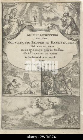 Fünf Psalmenabgeordnete, Arnold Houbraken, 1701–1703 drucken fünf Psalmendarstellungen, mit einer Kartusche in der Mitte einer Kartusche, auf der der Titel in sieben Zeilen in Niederländisch und der Name des Schriftstellers steht. Links oben Psalm 25 mit einer Gebetsfrau am Tisch, rechts oben Psalm 56 mit König David und der Herabkunft des Heiligen Geistes in Form einer Taube, links Psalm 90 mit einem knienden Hirten mit einer Konstruktion im Hintergrund, rechter Psalm 83 mit kniender Figur für Schützen mit Bogen und Bogen und jaël und sisera im Hintergrund. Ganz am Fuße von Psalm 72 Stockfoto