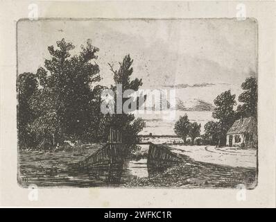 Landschaft mit Brücke über einen Graben, Jan Heppener, um 1841 - 1898 Druck das Haager Papier. Ätzer/Trockenpfleger oder Einzelhaus in der Landschaft. Landschaft mit Brücke, Viadukt oder Aquädukt Stockfoto