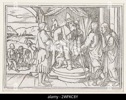 Moses und Aaron in Gesprächen mit Pharao über Israeliten, Hans Holbein (II), 1538 Druck Moses und Aaron bitten den Pharao, die Israeliten freizulassen. Links im Hintergrund arbeiten die Israeliten hart und werden als Sklaven behandelt. Am Rand über dem Bild befindet sich der Text Exodi V. Papier Moses und Aaron konfrontieren Pharao (2. Mose 5-7:13) Stockfoto
