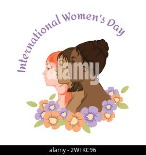Drei Frauen mit verschiedenen Hautfarben unter Blumen und Text internationaler Frauentag Stock Vektor