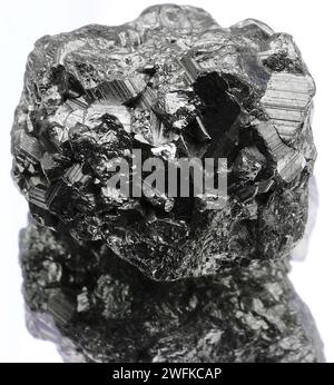 Kleines graues, glänzendes Metallic-Nugget, das gerade von Suchern auf weißem Hintergrund gefunden wurde Stockfoto