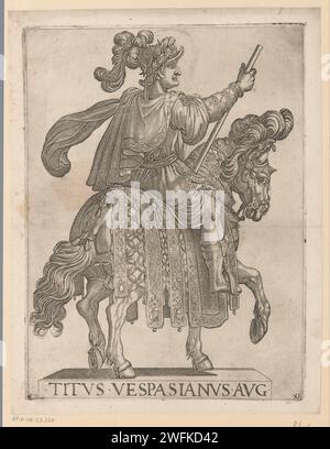 Kaiser Titus zu Pferd, Antonio Tempesta, 1596 Druckerei: Italien eigenes Design von: ItalienVerleger: RomeItalienItalien Papierätzung Reiterstatue. Der Kaiser Titus - Porträt einer Person aus der klassischen Geschichte Stockfoto