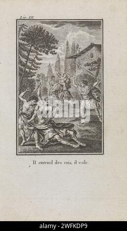 NUMA rettet Annna und ihren Vater vor Banditen, Henri-Joseph Godin, 1790 Druck Anna und ihr Vater werden von Banditen angegriffen. Die NUMA rettet sie mit gezogenem Schwert. Mit französischer Unterschrift. Druckerei: Luikpublisher: Brüsseler Papierstich / Buchdruck männlicher Schriftzeichen (mit NAMEN). Raub Stockfoto