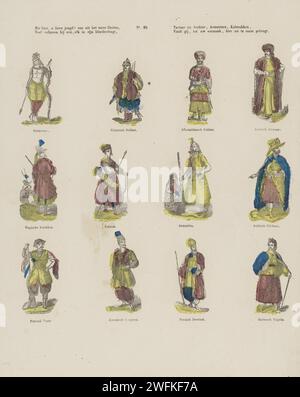 Seht hier, o liebe Jugend! Aus dem Fernen Osten, / viele Völker mit je einem, jeder in seiner Kleidung, / Tatar und Araber, arme Leute, Beruhigung, / finden Sie, zu Ihrer Unterhaltung, jetzt hierher gebracht in Zaam, 1848 - 1881 Print Leaf mit 12 Darbietungen verschiedener Figuren aus dem Osten. Eine Beschriftung unter jedem Bild. In der Mitte nummeriert: Nr. 39. Verlag: Den Boscheprint Maker: Niederlande Papier Buchdruck Human Types. Zeichen (menschliche Typen). Asiatische Rassen und Völker Stockfoto