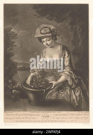 Junge Frau mit einem Blumentopf, Richard Houston, nach Philippe Mercier, 1756 Druck Text in englischer Sprache am unteren Rand. Londoner Zeitung Jugendlicher, junge Frau, Jungfrau. Topfpflanzen. Masse (eines der vier Elemente) Stockfoto