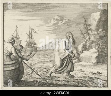 Johannes de Evangelist nach Patmos ins Exil geschickt, Jan Luyken, 1685 Amsterdamer Druckpapier, das Johannes (Schreiben) auf der Insel Patmos graviert, möglicherweise der Adler neben ihm Stockfoto