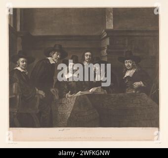 Staalmeesters, Richard Houston, nach Rembrandt van Rijn, 1774 drucken Rembrandts Gemälde von 1662 der Stahlmeister: Das College of Staalmeesters (Waardijns) der Amsterdamer Laken Breiders Guild, zusammen um einen Tisch, auf dem sich ein persischer Teppich befindet, auf dem Tisch das geöffnete Stahlbuch. Vorgeschlagen (von links nach rechts): Jacob van Loon, Volckert Jansz, Willem van Doeyenburg, der Diener Frans Hendricksz Bel, Aernout van der Mye und Jochem de Neve. Über dem Kamin ein Gemälde mit einem brennenden Leuchtfeuer. London Paper Historical Persons (+ Staatsporträt). Offiziere vertrauten der Kontrolle Stockfoto