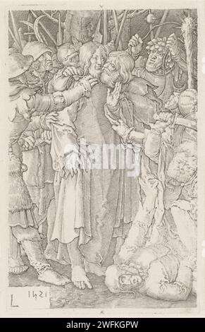 Sammlung von Christus, Jan Harmensz. Muller, nach Lucas van Leyden, 1800–1900 Druck Christus wird von einer Gruppe von Soldaten gefangen genommen. Judas küsst ihn auf die Wange. Auf der rechten Seite hebt Peter sein Schwert, um Malchus das Ohr zu nehmen. Amsterdamer Papier mit der Gravur des Judas: Begleitet von Soldaten mit Fackeln und Laternen, küsst er Christus. Peter zieht sein Schwert und schneidet Malchus das Ohr ab Stockfoto