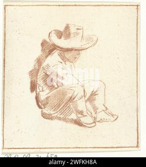 Sitzender Junge, Cornelis Ploos van Amstel, nach Gabriël Metsu, 1767 Druck Amsterdam Papier sitzende Figur. Kopfbedeckung: Hut (+ Herrenkleidung) Stockfoto