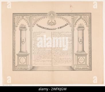 Freimaurer - Code, Anonym, Huibert Horneer, 1835 - 1877 Druck der Text befindet sich inmitten von zwei Spalten und einem Rahmen mit Eichenblättern. Auf den Säulen befinden sich Lorbeerkränze und die Buchstaben J und B. über dem Titel die Symbole der Freimaurerei: Der Kompass, das Quadrat, ein Schrägstrich, eine Kelle und ein Lineal. Gorinchem Paper Miscellaneous Religions, Kults and Doctrines: Freimaurerei. Vorstellungen und Ideen visualisiert  Freimaurerei. Symbolische Darstellungen  Freimaurerei Stockfoto