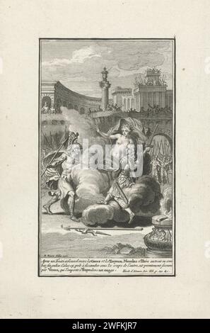 Der Kampf zwischen Menelaos und Paris, Bernard Picart (Werkstatt oder), nach Bernard Picart, 1710 Druck König Menelaos und Paris kämpfen für Helena. Venus hat Paris in einer Wolke, um ihn zu retten, damit er nicht verliert. Am Rand eine Beschriftung auf Französisch. Amsterdamer Papiergravur Venus greift in das Duell zwischen Paris und Menelaus ein: Sie bedeckt Paris mit einer Wolke und führt ihn in sein Zimmer Stockfoto